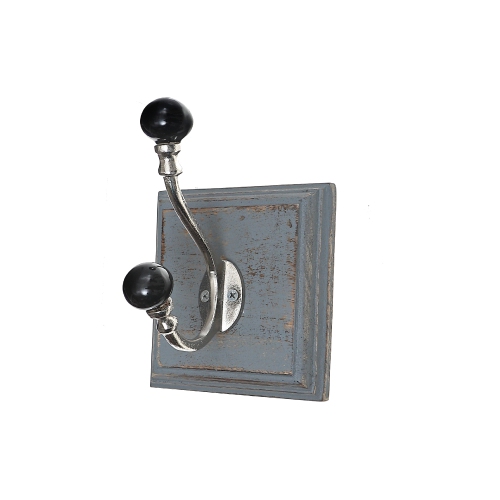 Antique Nickel Hook With Black Knob On Wood Base - Set of 2