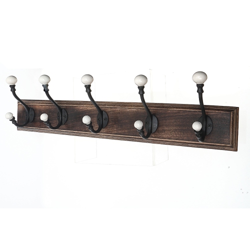 MAISON CONCEPTS INC  5 Iron Hooks With Ceramic Knobs On Wood Base