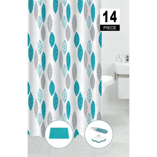 Maison Concepts 14Pc Set Peva S. Curtain + 12 Hooks + Bathmat Leaves