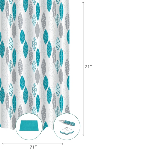 Maison Concepts 14Pc Set Peva S. Curtain + 12 Hooks + Bathmat Leaves