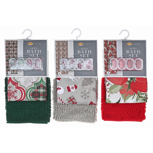 Holiday 14Pc Peva S. Curtain + 12 Hooks + Bathmat - Set of 3