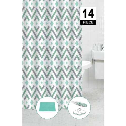 Maison Concepts 14Pc Set Peva S. Curtain + 12 Hooks + Bathmat Geo Diamond
