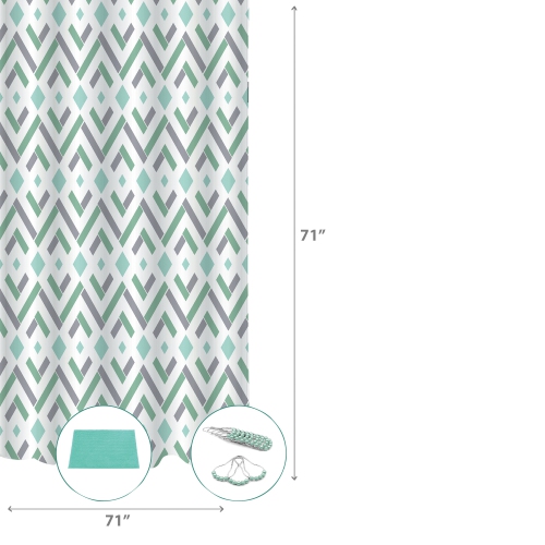 Maison Concepts 14Pc Set Peva S. Curtain + 12 Hooks + Bathmat Geo Diamond