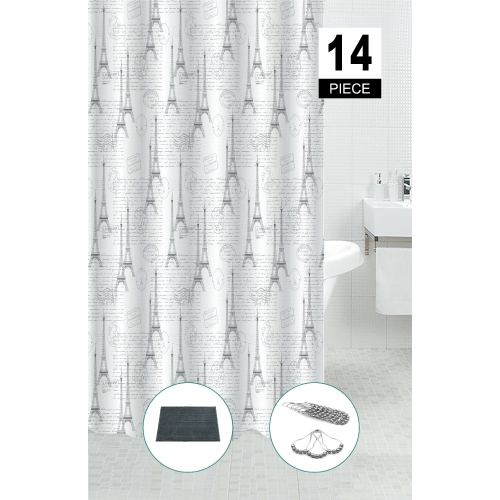 MAISON CONCEPTS  14PC Set Peva S. Curtain + 12 Hooks + Bathmat Paris