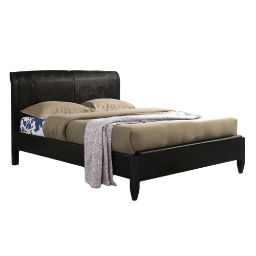 Dark Brown Faux Leather King Size Sleigh Bed with Solid Wood Legs