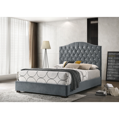 QUEENSONS Grey Velvet Contemporary Queen Size Platform Bed (No Box Spring Required)