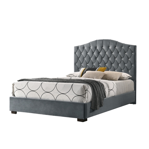 Grey Velvet Contemporary Queen Size Platform Bed