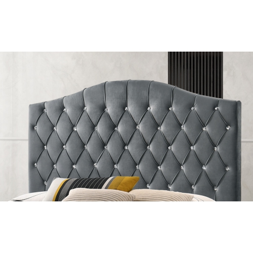 Grey Velvet Contemporary Queen Size Platform Bed