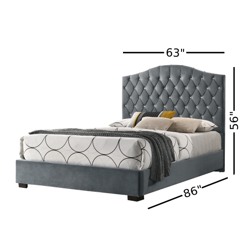 Grey Velvet Contemporary Queen Size Platform Bed