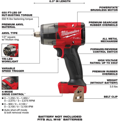 M18 Fuel 18V 1/2" Lithium-ion Cordless Mid Torque Impact Wrench - with Friction Ring, Tool ONly