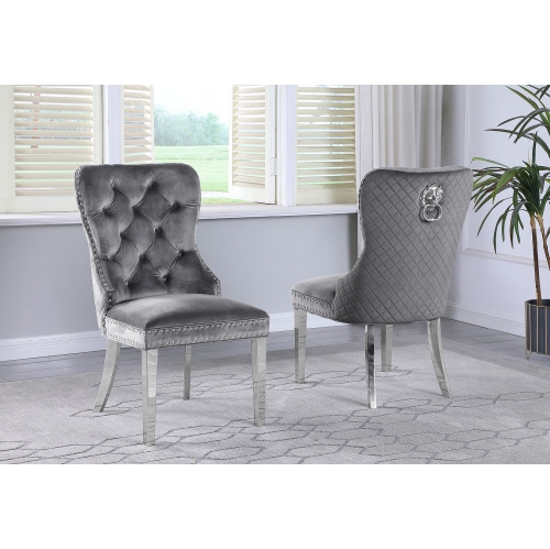 QUEENSONS  2-Piece Leo Luxury Velvet Dining Chair - Grey, Lion Back Knocker, Tufted Upholstered Legs And Finish In Silver