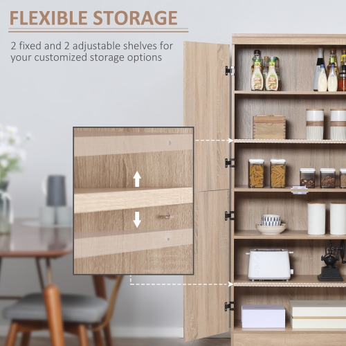 HOMCOM – Armoire garde-manger de 70 po, armoire de rangement autonome à 4 portes, garde-manger à 6 niveaux pour salon, naturel