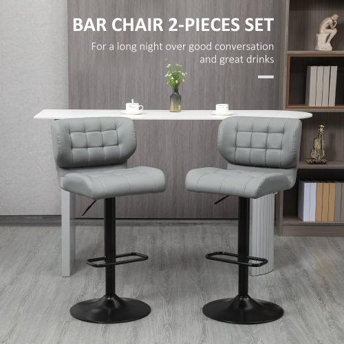 HOMCOM Adjustable Bar Stools Set of 2, Swivel Tufted PU Leather Barstools with Footrest, Back and Large Base, Upholstered Bar Chairs for Kitchen