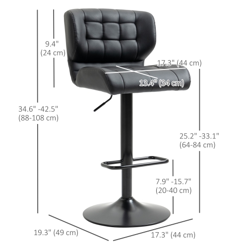 HOMCOM Adjustable Bar Stools Set of 2, Swivel Tufted PU Leather Barstools with Footrest, Back and Large Base, Upholstered Bar Chairs for Kitchen