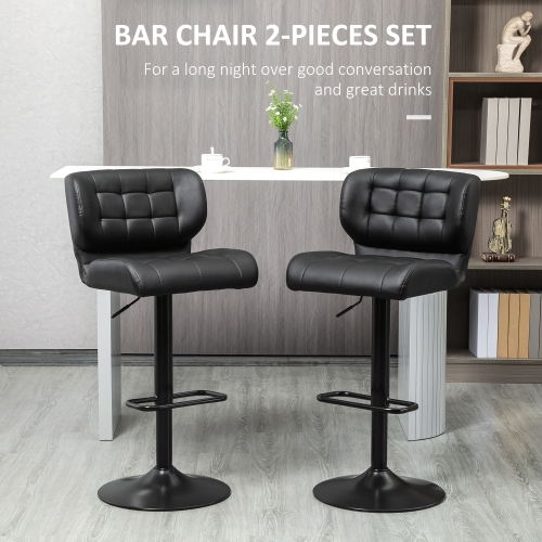 HOMCOM Adjustable Bar Stools Set of 2, Swivel Tufted PU Leather Barstools with Footrest, Back and Large Base, Upholstered Bar Chairs for Kitchen