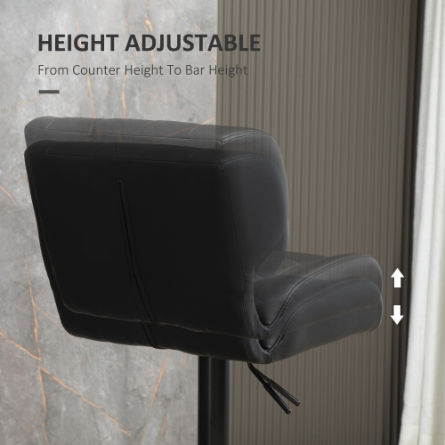 HOMCOM Adjustable Bar Stools Set of 2, Swivel Tufted PU Leather Barstools with Footrest, Back and Large Base, Upholstered Bar Chairs for Kitchen