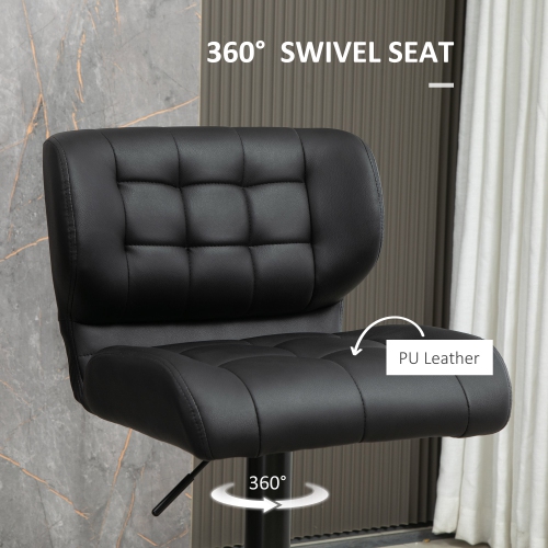 HOMCOM Adjustable Bar Stools Set of 2, Swivel Tufted PU Leather Barstools with Footrest, Back and Large Base, Upholstered Bar Chairs for Kitchen