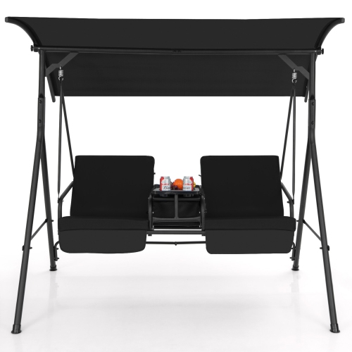 Gymax 2-Person Canopy Porch Swing Padded Chair Cooler Bag Rotatable Tray