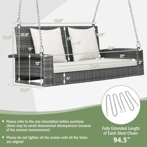 Gymax 2-Person Patio Hanging Porch Swing Rattan 800LBS Swing Bench w/ Cushions