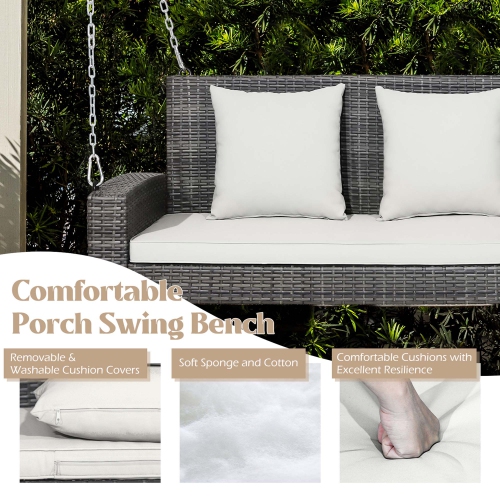 Gymax 2-Person Patio Hanging Porch Swing Rattan 800LBS Swing Bench w/ Cushions