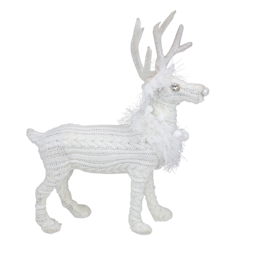 13.5" White Cable Knit Standing Reindeer Christmas Figure