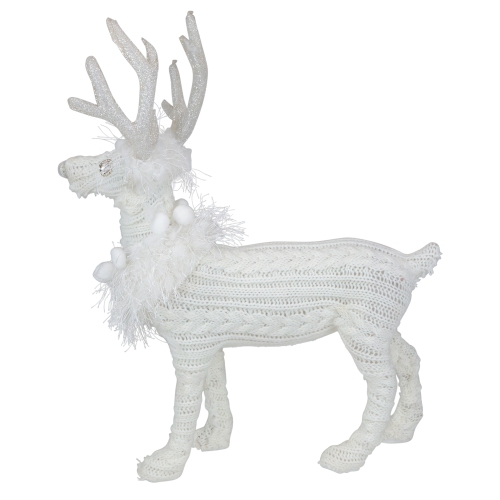 13.5" White Cable Knit Standing Reindeer Christmas Figure