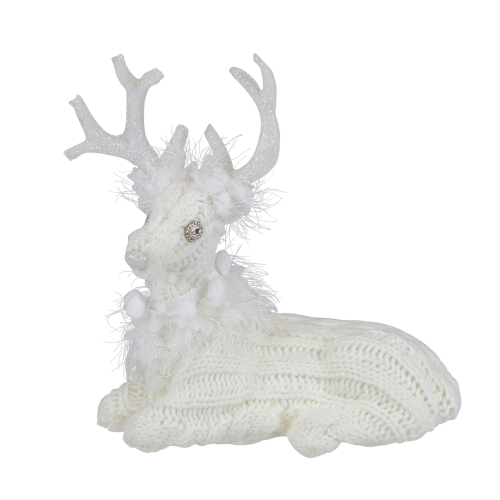 9.75" White Cable Knit Sitting Reindeer Christmas Figure