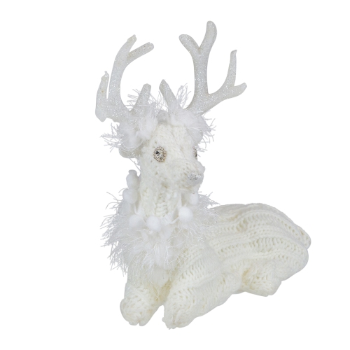 9.75" White Cable Knit Sitting Reindeer Christmas Figure