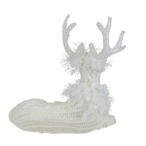 9.75" White Cable Knit Sitting Reindeer Christmas Figure