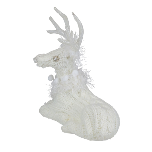 9.75" White Cable Knit Sitting Reindeer Christmas Figure
