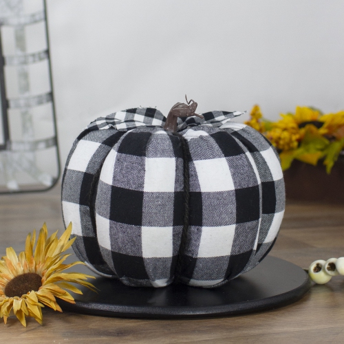 7" Black and White Buffalo Plaid Fall Harvest Tabletop Pumpkin