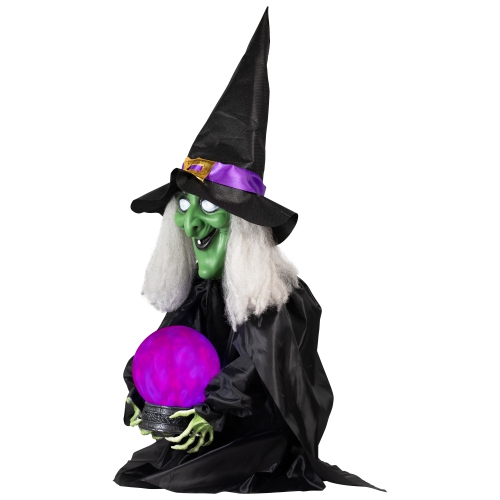 26" Pre-Lit Sitting Fortune Witch with Magic Ball Halloween Decoration