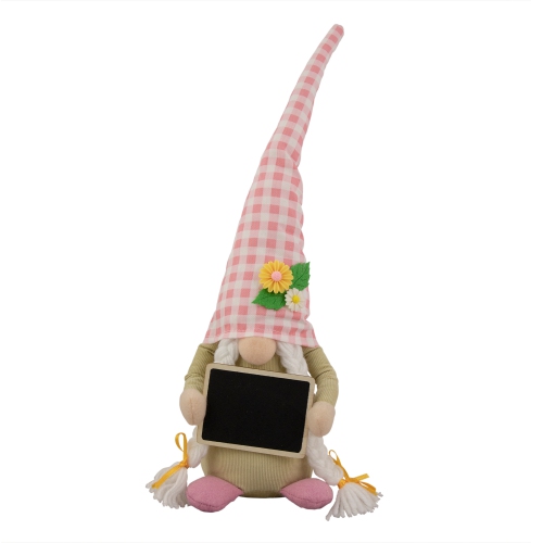 NORTHLIGHT  16" Gingham Plaid Springtime Gnome With Chalkboard In Pink