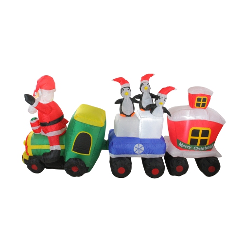 6.5' Red and Green Inflatable Santa and Penguins on Train Lighted Outdoor Christmas Decoration
