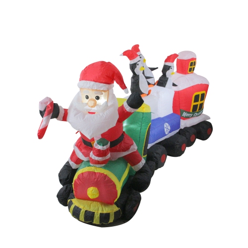 6.5' Red and Green Inflatable Santa and Penguins on Train Lighted Outdoor Christmas Decoration