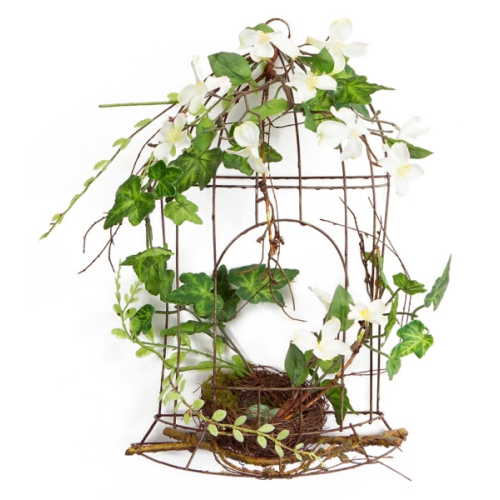 MELROSE  14" Artificial Dogwood Flowers And Ivy Table Top Birdcage Decoration In White