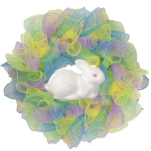 Colorful Deco Mesh Ribbon Easter Bunny Wreath, 24-Inch, unlit