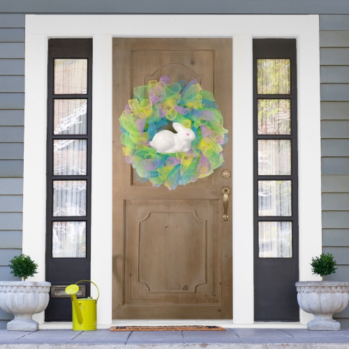 Colorful Deco Mesh Ribbon Easter Bunny Wreath, 24-Inch, unlit