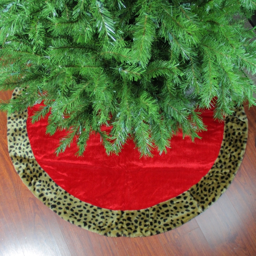 48" Red and Brown Velveteen with Cheetah Print Border Christmas Tree Skirt