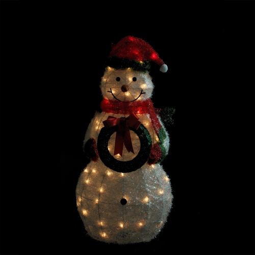 38" White and Red Lighted Tinsel Snowman with Wreath Christmas Outdoor Decoration