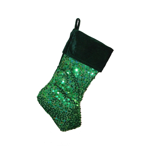 20" Shiny Metallic Green Sequined Christmas Stocking with Velveteen Cuff