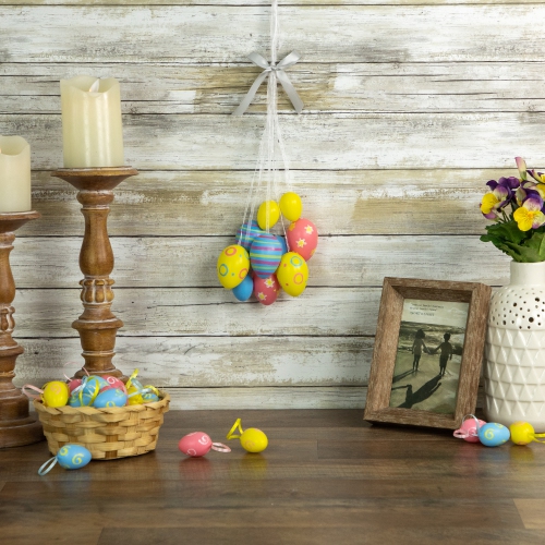 11.75" Pastel Yellow, Blue and Pink Floral Striped Spring Easter Egg Cluster Hanging Decoration