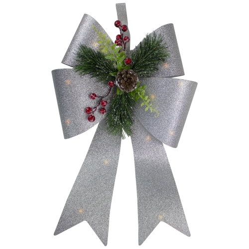 19" LED Lighted Sliver Tinsel Bow Christmas Decoration