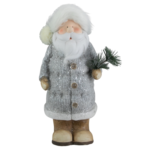 18" Ceramic Santa in Gray Coat Holding Pine Sprig Christmas Figure