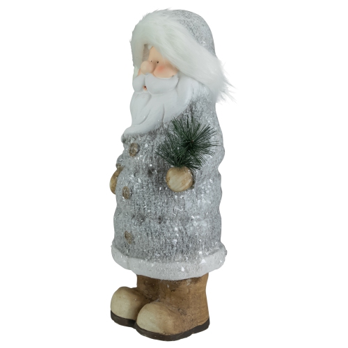 18" Ceramic Santa in Gray Coat Holding Pine Sprig Christmas Figure