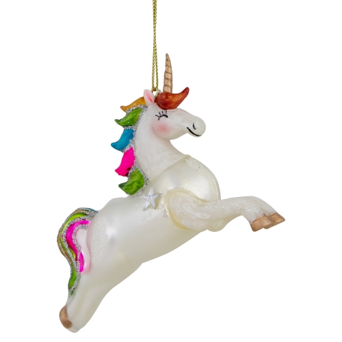 Glittery Rainbow Unicorn Glass Christmas Ornament 4.5"