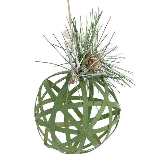 5" Green Rattan Christmas Ball Ornament with Pine Cone