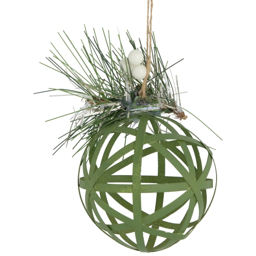 5" Green Rattan Christmas Ball Ornament with Pine Cone