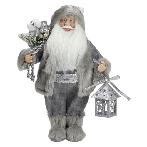 12" Gray and White Standing Santa Claus Christmas Figurine with Bag and Lantern