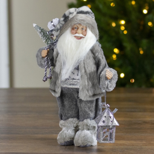 12" Gray and White Standing Santa Claus Christmas Figurine with Bag and Lantern